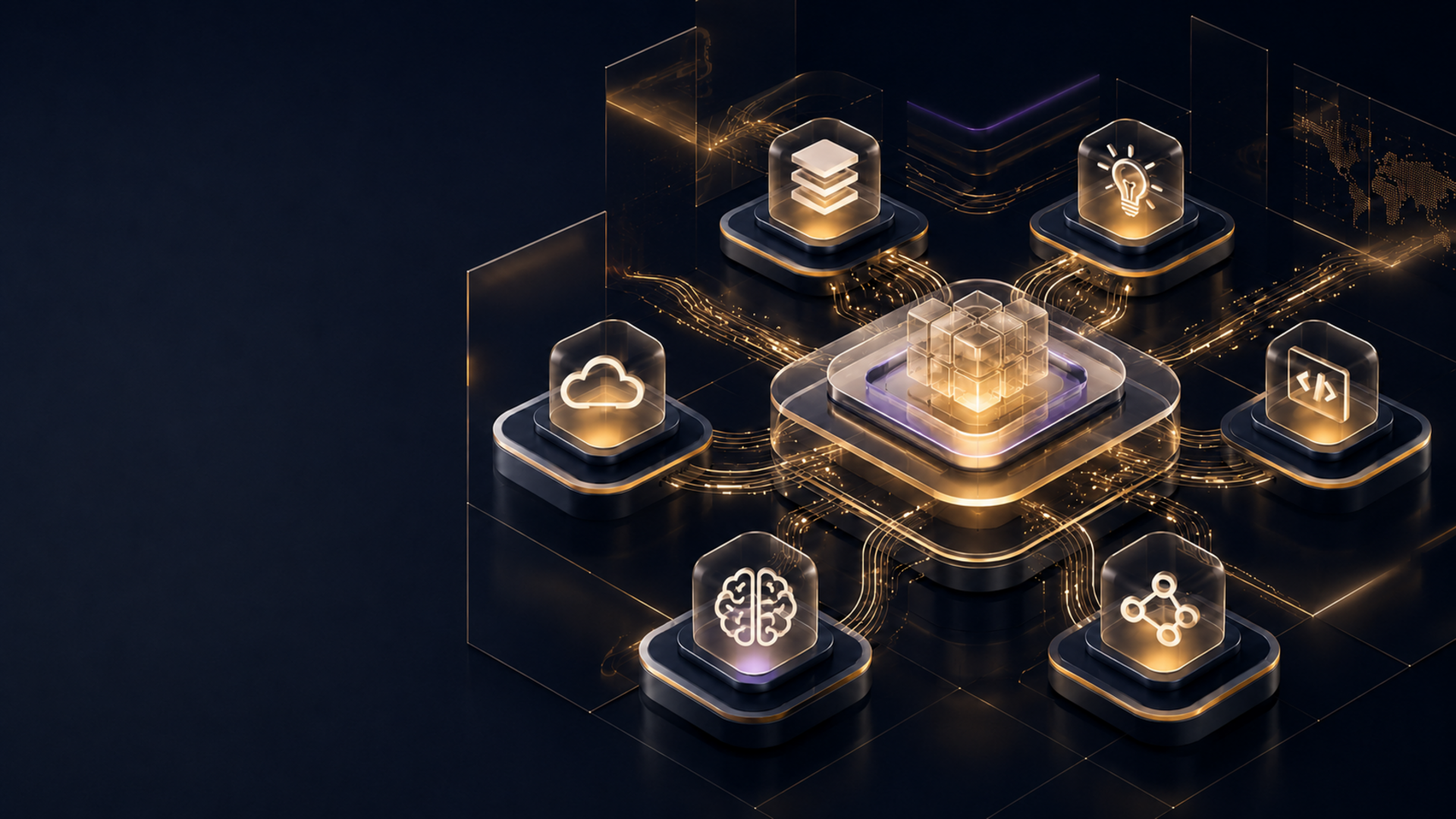 Premium 3D enterprise ecosystem connecting platform, AI, cloud and software services